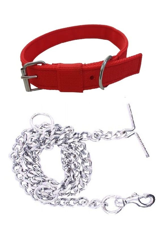 KittuPet طقم حزام للكلاب من KittuPet، يتضمن طوقًا من النايلون مقاس 1 بوصة مع سلسلة متينة للكلاب، طول الطوق 63 بوصة (أحمر) وسلسلة فضية. - Image 1